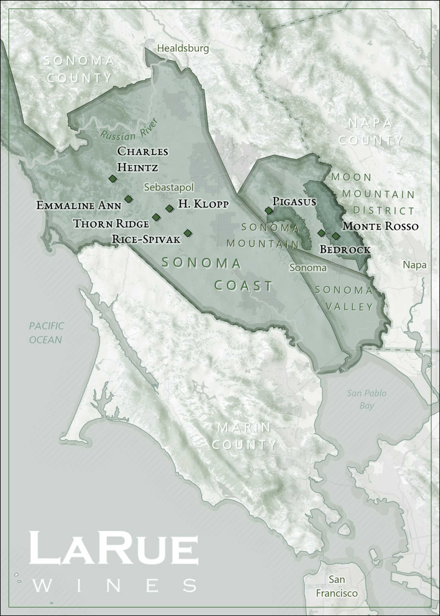 Map of Sonoma County, CA, highlighting various wine regions and vineyards including Sonoma Coast, Moon Mountain District, Sonoma Valley, and Russian River. LaRue Wines logo at the bottom left.